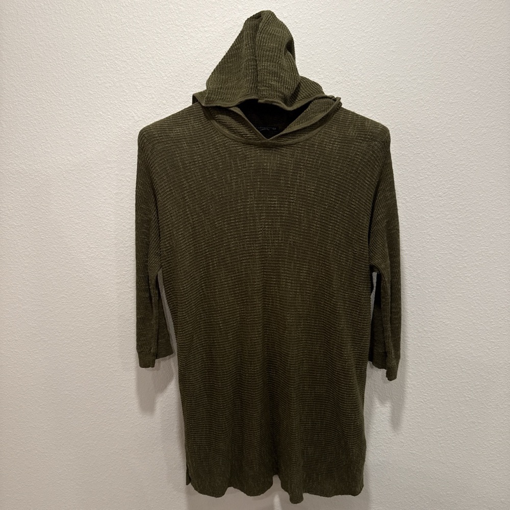 Eileen Fisher Organic Cotton & Linen Knit Hooded Top Forest Green Size S